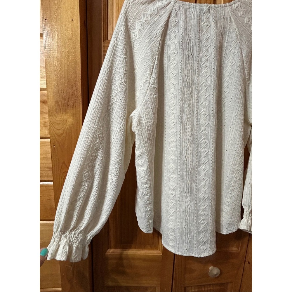 FRYE Textured Eyelet Blouse Salt Breeze V Neck Cottagecore Boho Peasant XL - Picture 6 of 7